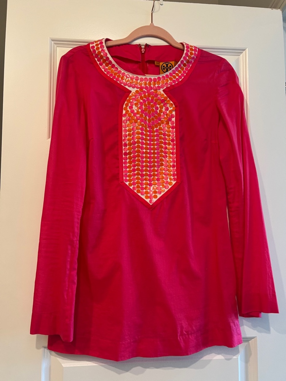 Tory Burch Women’s Hot Pink Long-Sleeve Tunic with Embellished Bib-Proj piece.